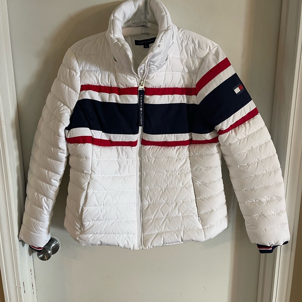 Tommy Hilfiger White Puffer Jacket with Navy and Red Stripes